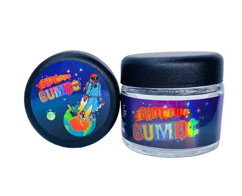 Shot Off Gumbo 3.5g Glass Jars with Holographic Stickers Child Resistant jar